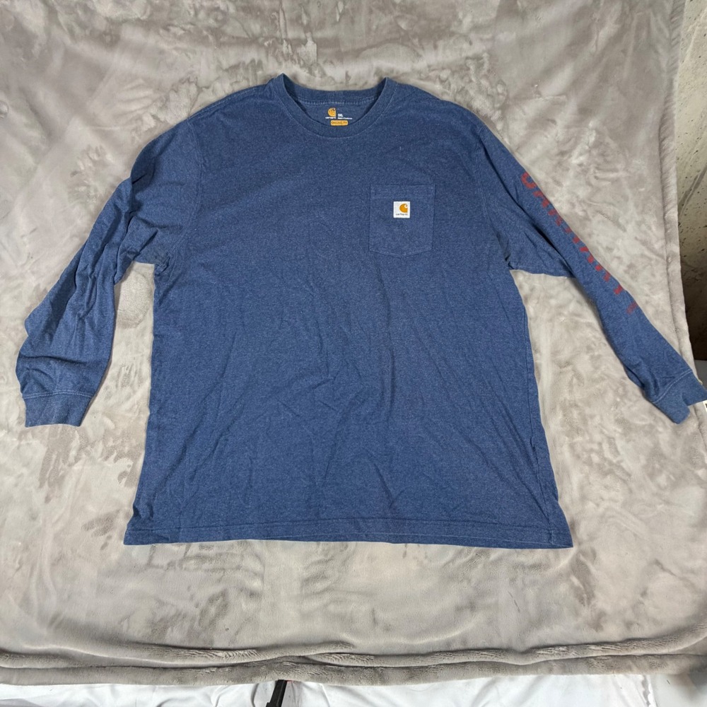 Carhartt Mens 3XL Blue Heather Long Sleeve Pocket T-Shirt Graphic Sleeve Logo